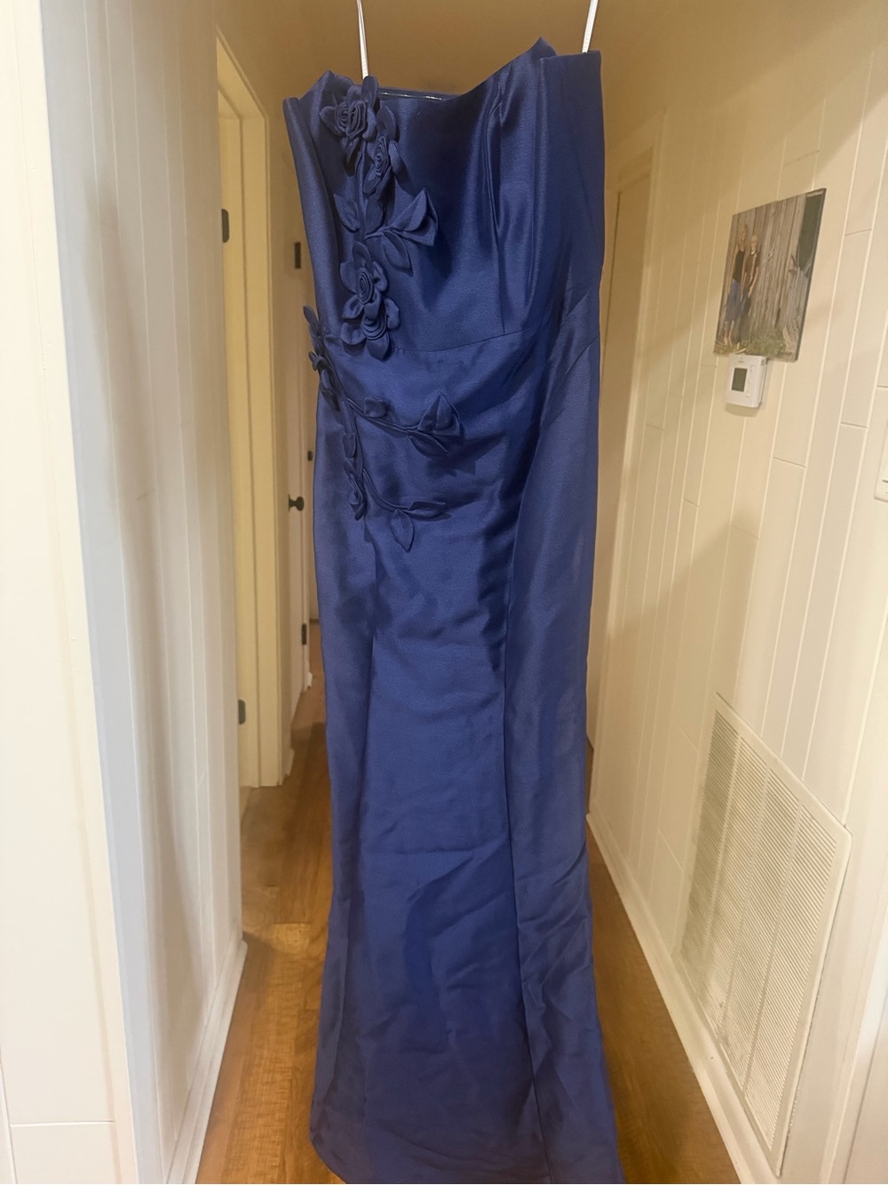 Marchesa Strapless Navy Satin Gown with Floral Appliqué